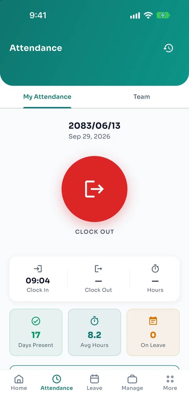 EK ERP iOS app, Attendance tab: 2083/06/13, clocked in at 09:04, Clock Out button, 17 days present this month